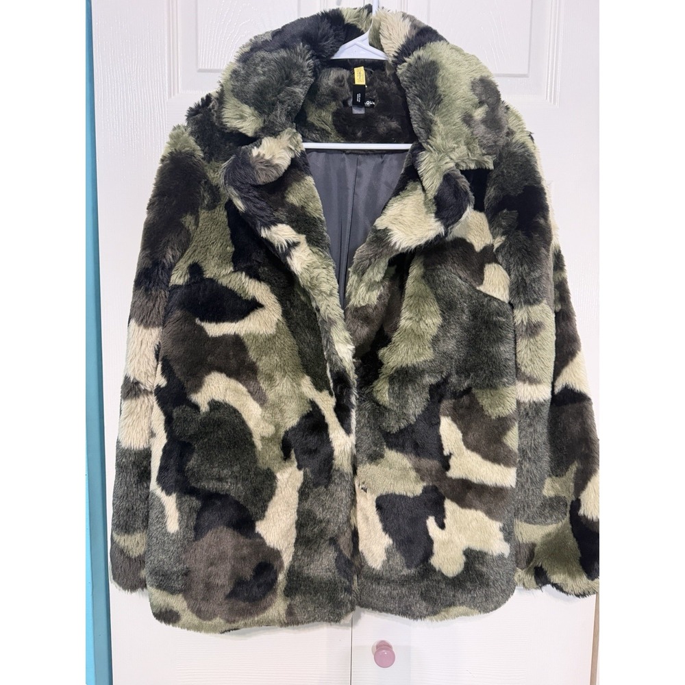 Aqua‎ Camo Faux Fur Jacket Eye Hook Closure Size Small